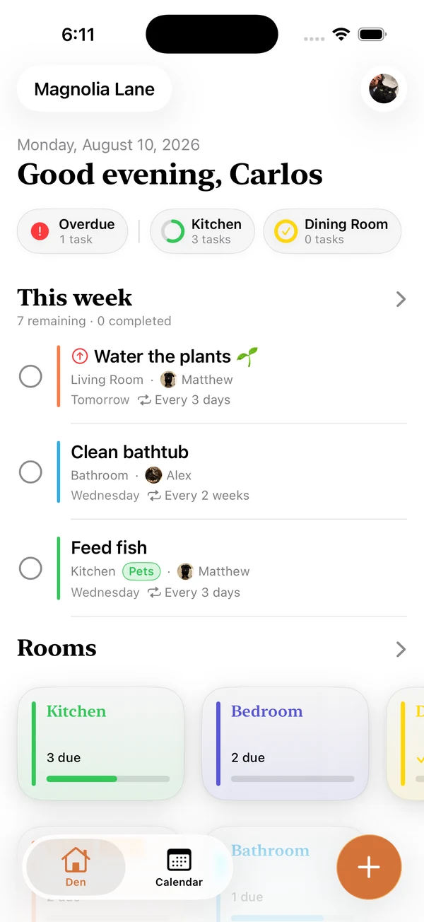 The Den home screen: a greeting, what is overdue, this week's tasks with the room and person on every row, and room cards showing what is due in each.